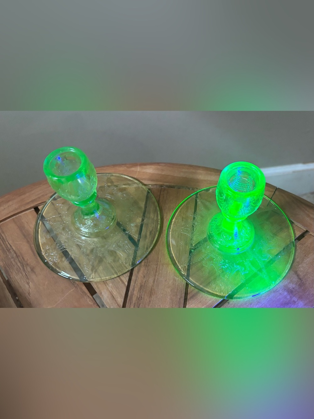 Antique Pair Uranium Glass Candlesticks 4”x5” Pressed Swirl Scrolling Pattern